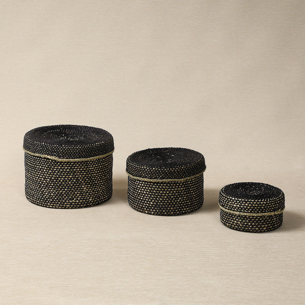 Black and Natural Round Lidded Storage Basket