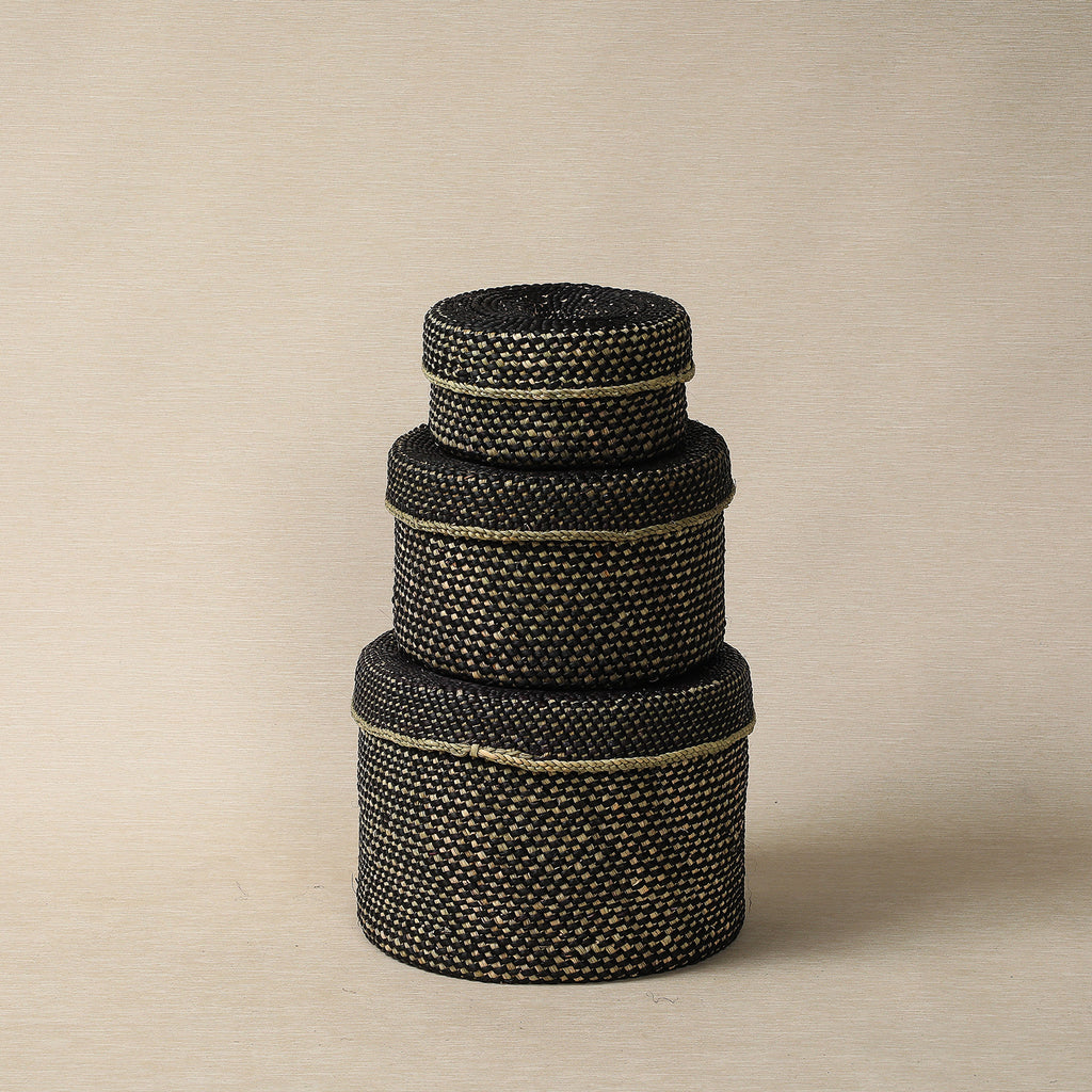 Black and Natural Round Lidded Storage Basket