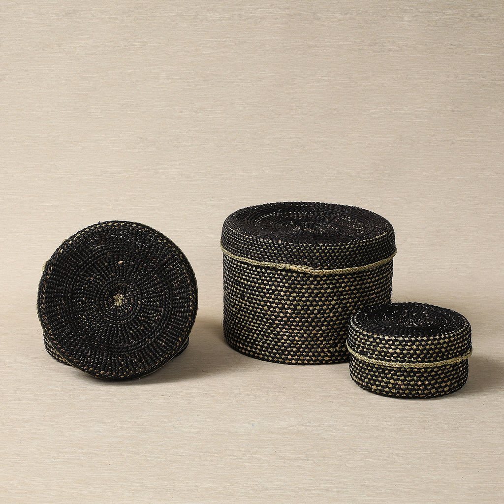 Black and Natural Round Lidded Storage Basket