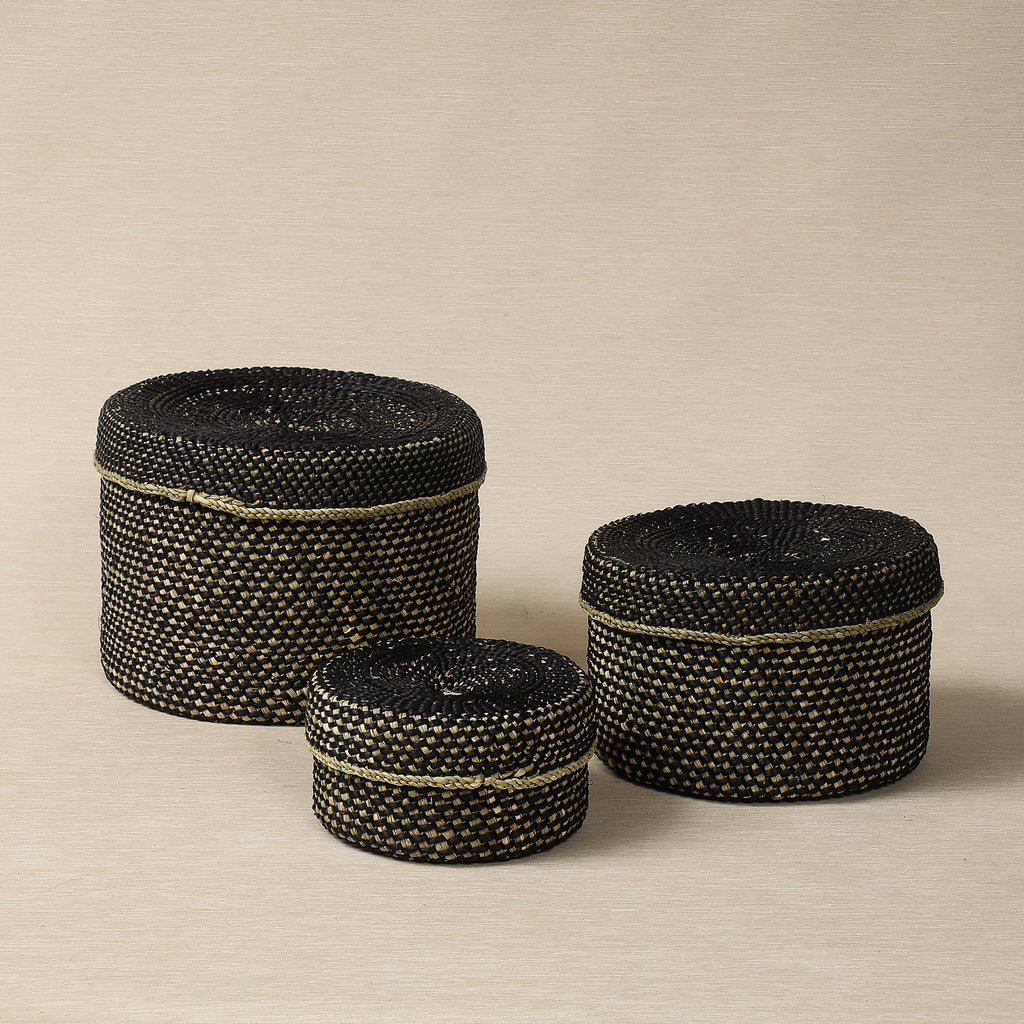 Black and Natural Round Lidded Storage Basket