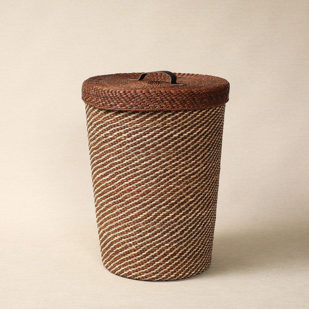 Brown and Natural Hamper with Leather Handle