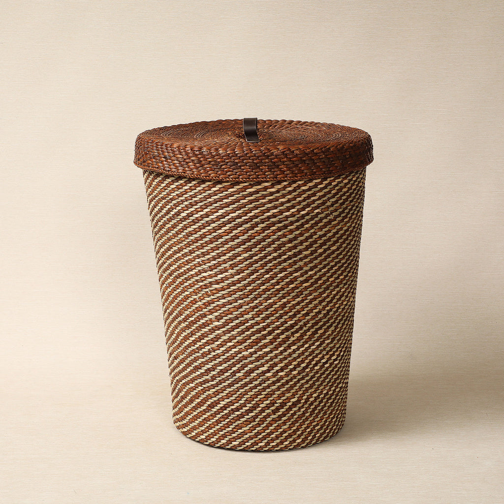 Brown and Natural Hamper with Leather Handle