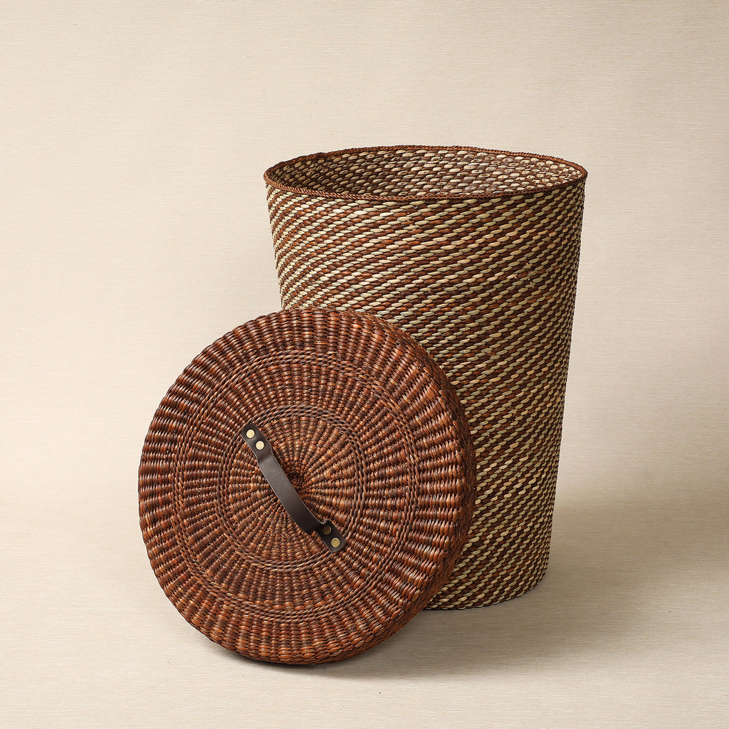 Brown and Natural Hamper with Leather Handle