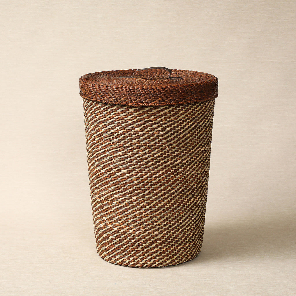 Brown and Natural Hamper with Leather Handle
