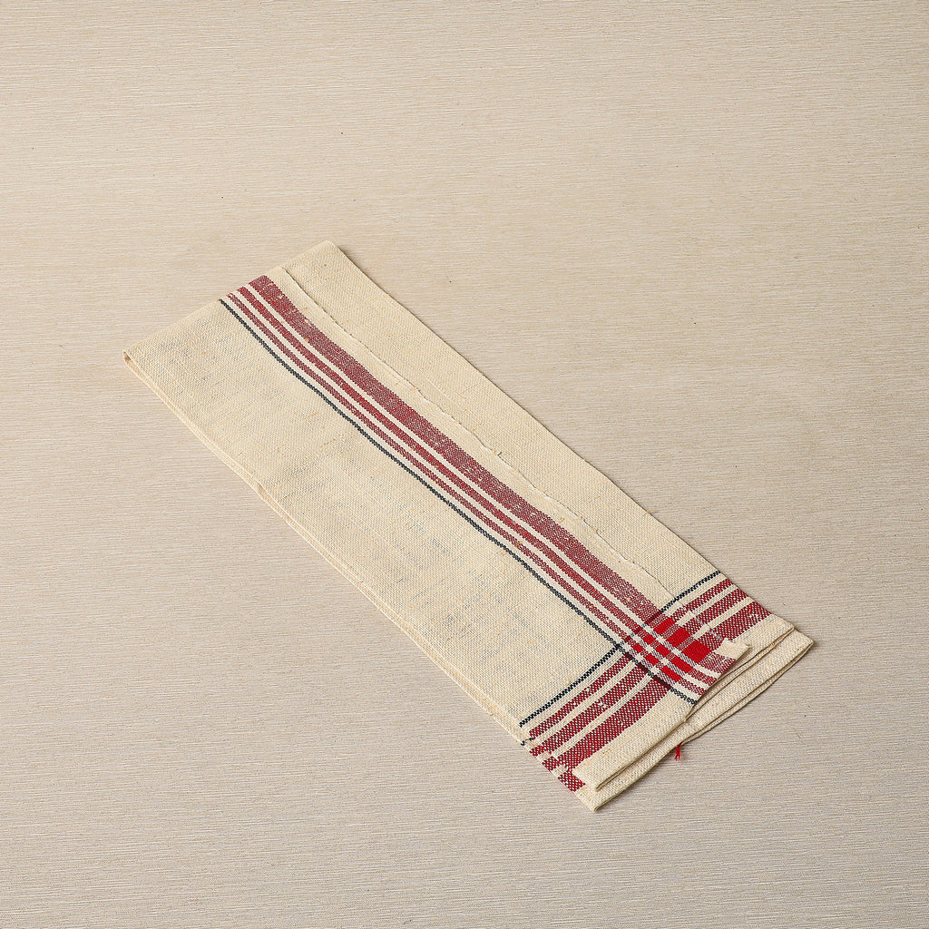 Charming vintage linen tea towel with red and black borders and homespun texture c. 1930