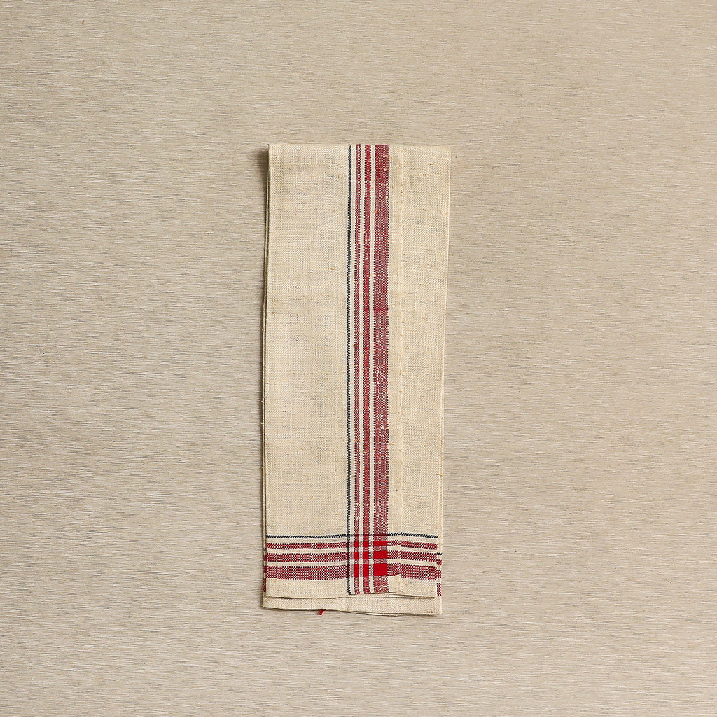 Charming vintage linen tea towel with red and black borders and homespun texture c. 1930