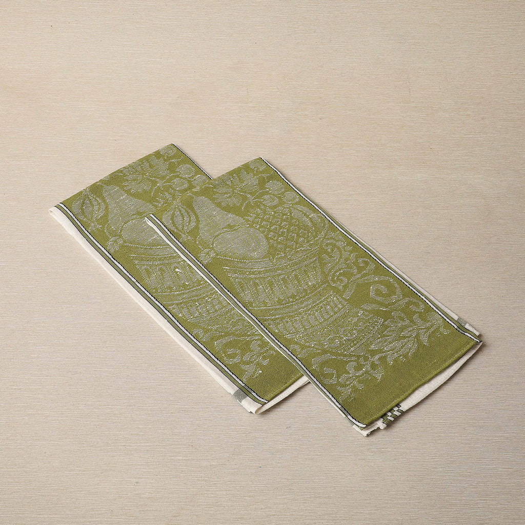 Olive woven linen cornucopia tea towels c. 1940
