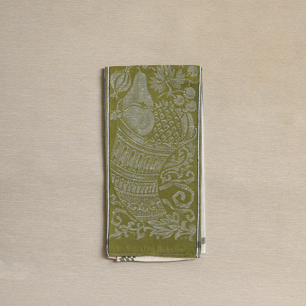 Olive woven linen cornucopia tea towels c. 1940