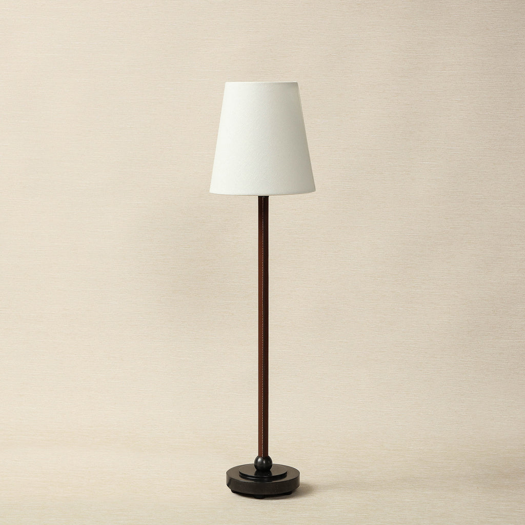 Bryant leather wrapped table lamp in bronze with saddle leather