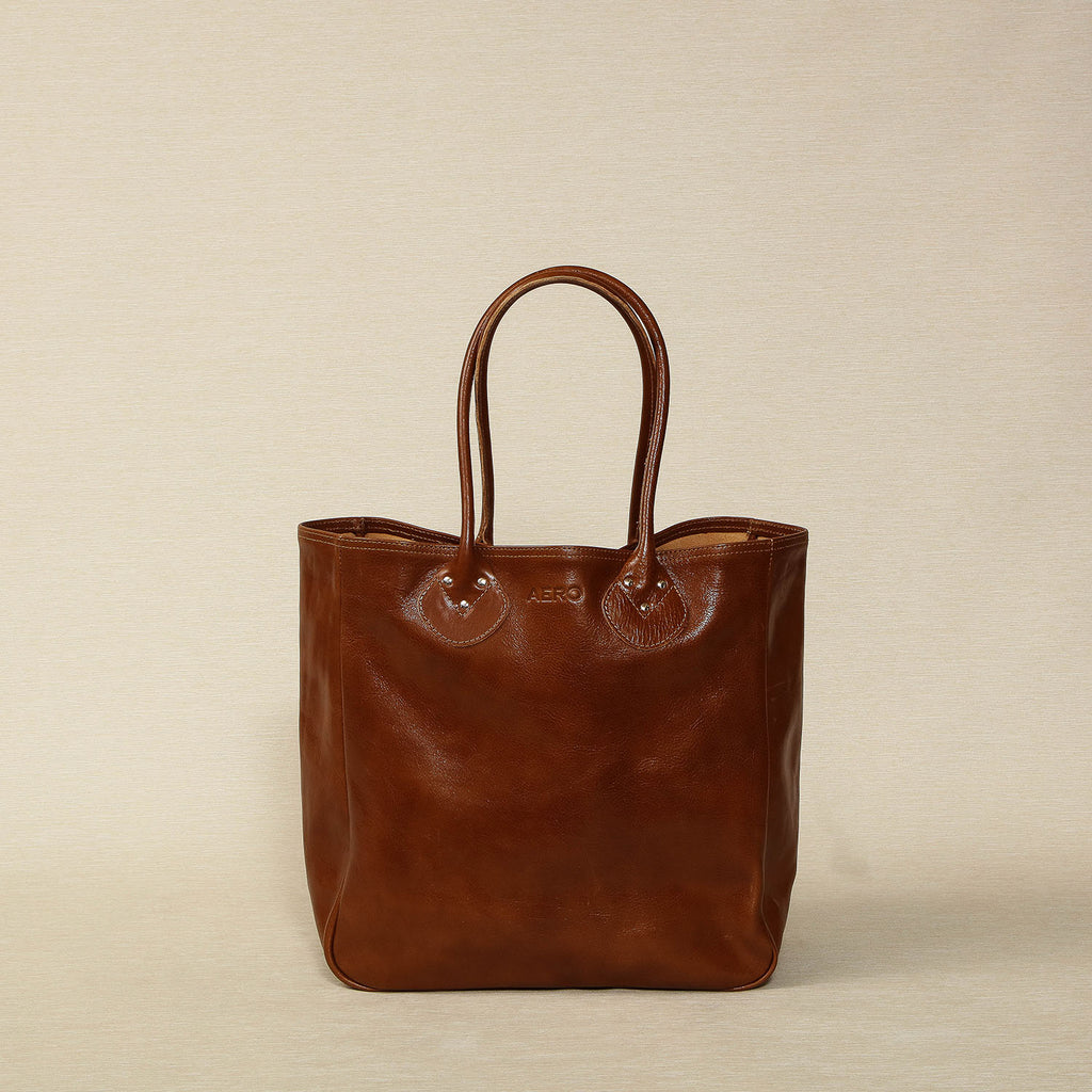 Aero Leather Tote Bag in Caramel Brown Glace Leather