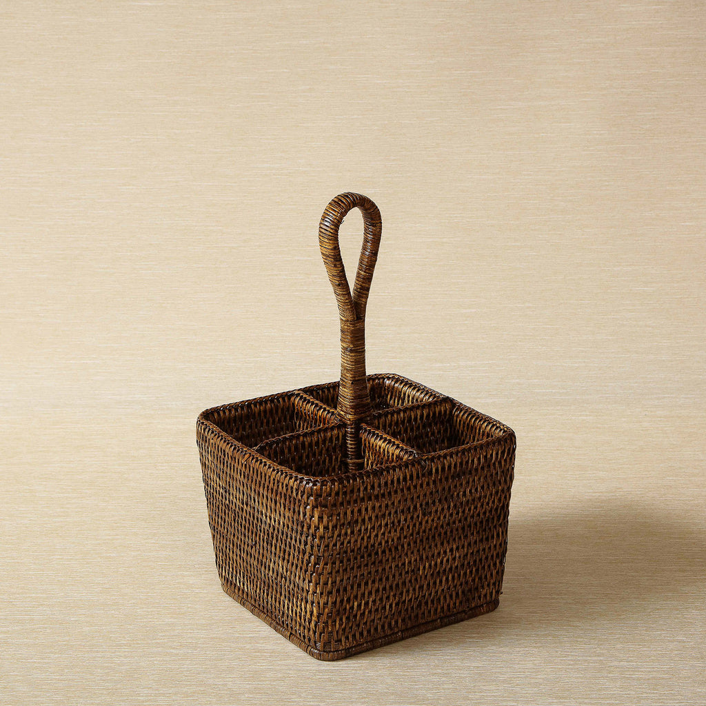 Antique brown rattan caddy with four compartments