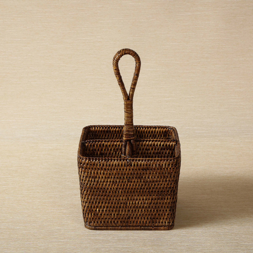 Antique brown rattan caddy with four compartments