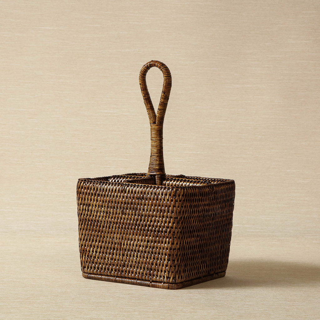 Antique brown rattan caddy with four compartments