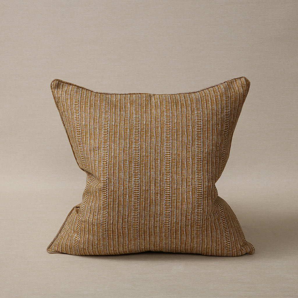 Gold and saffron block print linen pillow 22 x 22