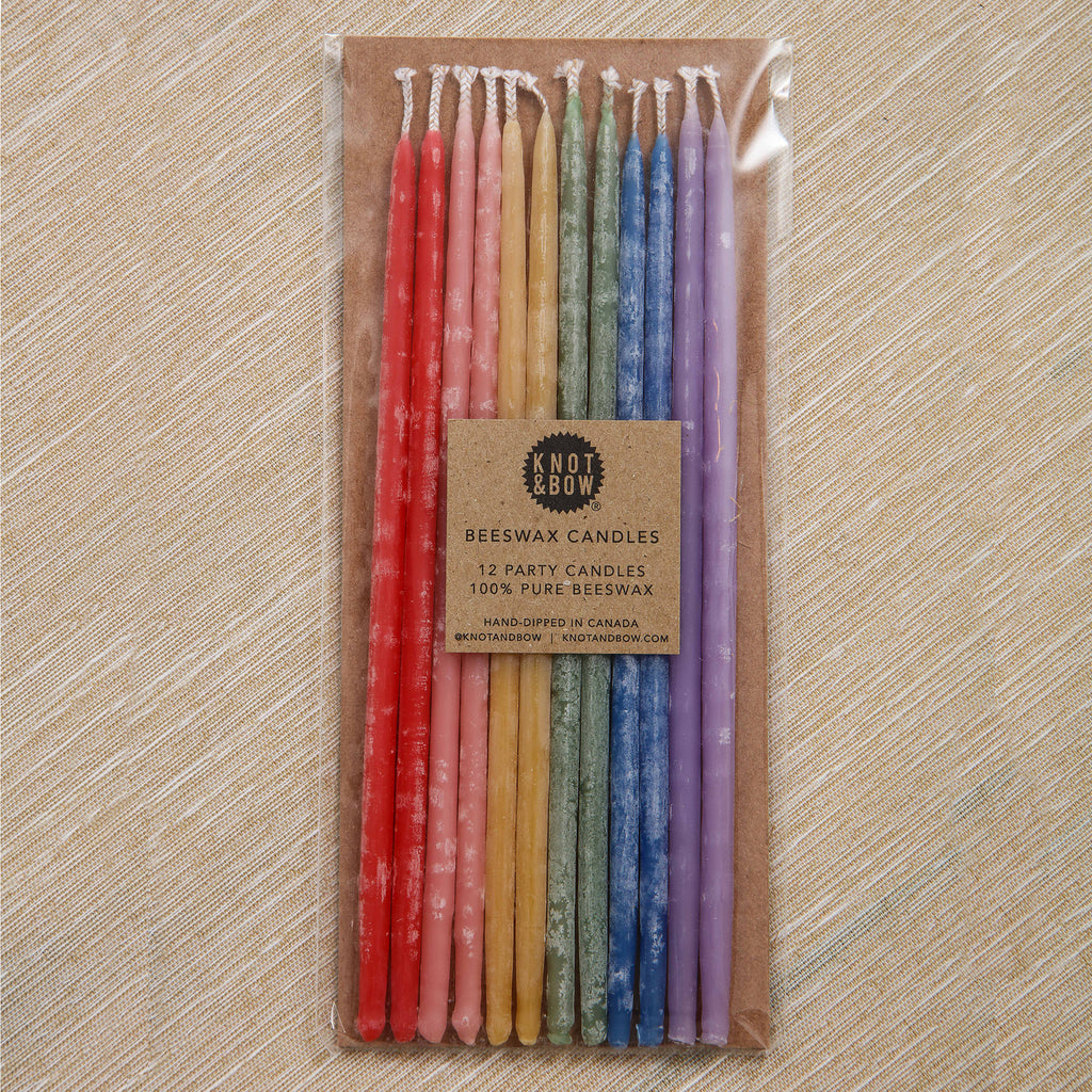 Assorted 6" tall rainbow mix pure beeswax candles, 12 ct