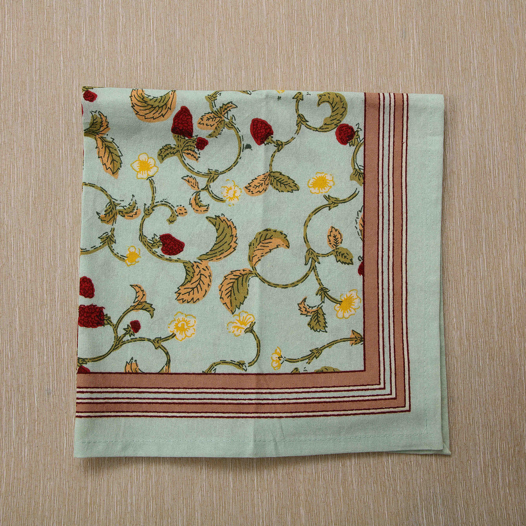 Hand block printed napkins with Fraises des bois motif