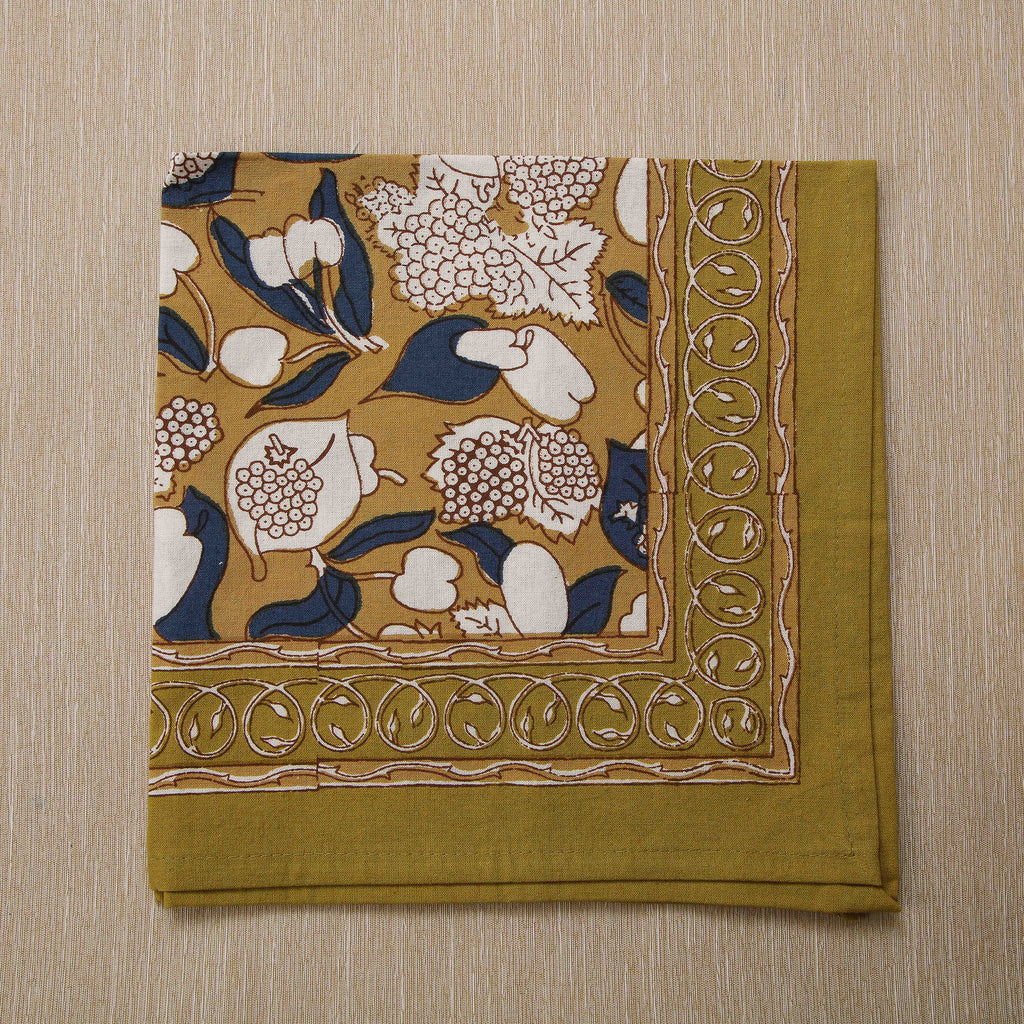 Hand block printed napkins with mustard & blue forest harvest motif