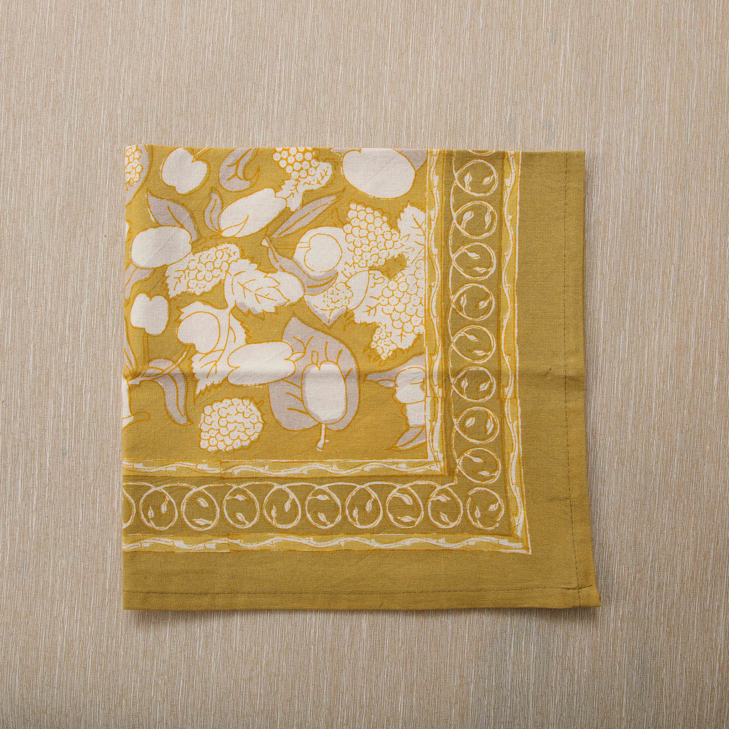 Hand block printed napkins with grey and mustard forest harvest motif