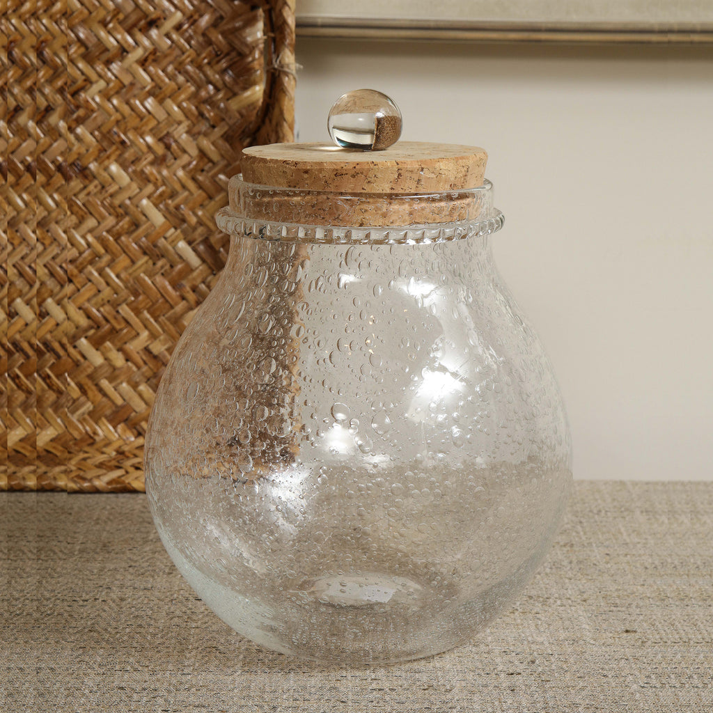 Clear seeded glass sangria or olive jar, handmae in France by Biot