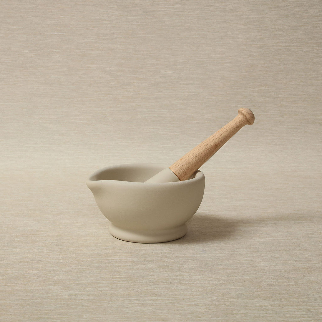 Beech and unglazed porcelain 5.25" mortar & pestle