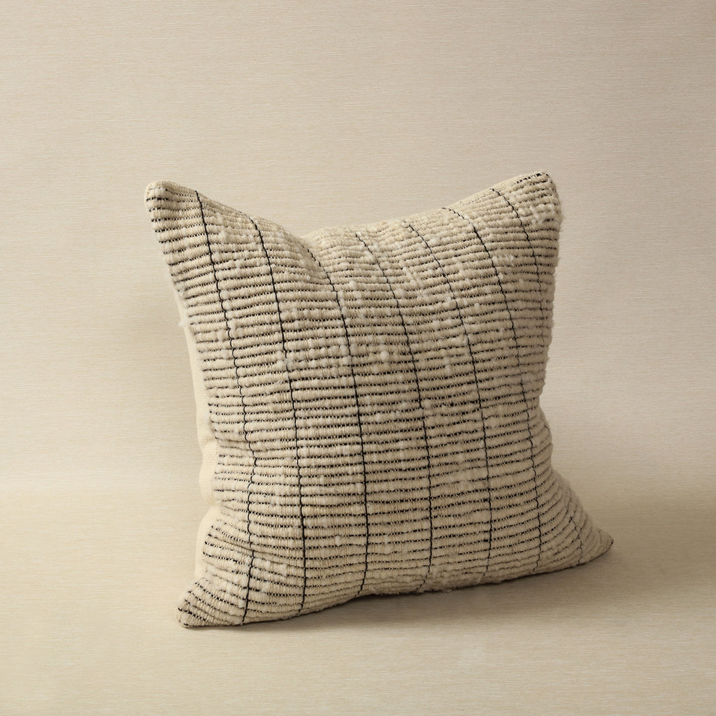 Ivory hand spun wool in ribbed weave with black lines