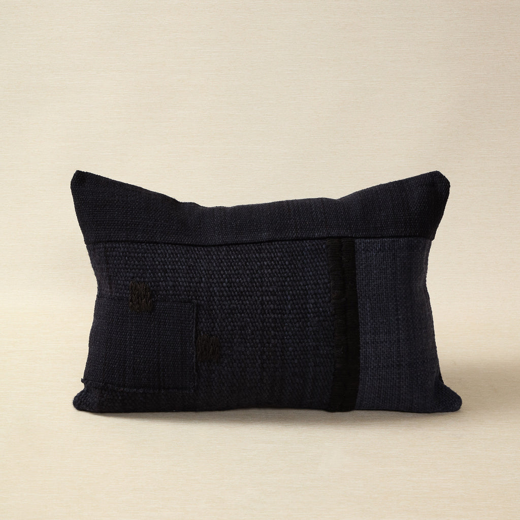 Hand spun and woven ocean blue wool patchwork pillow with hand stitched detail
